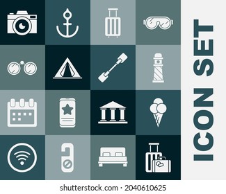 Set Suitcase, Ice cream in waffle cone, Lighthouse, Tourist tent, Binoculars, Photo camera and Paddle icon. Vector