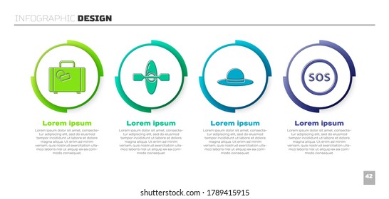 Set Suitcase, Kayak or canoe, Elegant women hat and Location with SOS. Business infographic template. Vector