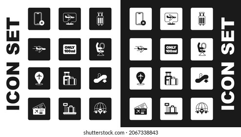 Set Suitcase, Liquids in carry-on baggage, Plane, No cell phone, Airplane seat, Escalator down and  icon. Vector