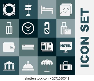 Set Suitcase, Location hotel, Bed, Wi-Fi wireless internet network, Lifebuoy and Please do not disturb icon. Vector