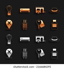 Set Suitcase, Man hat with ribbon, Whiskey bottle, Hotel door lock, Plane, Rv Camping trailer, air balloon and Air conditioner icon. Vector