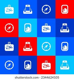 Set Suitcase, Metal detector in airport, Compass and Airplane window icon. Vector