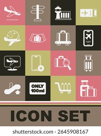 Set Suitcase, Mobile with ticket, Airport control tower, Conveyor belt suitcase, Globe flying plane, Plane landing and  icon. Vector