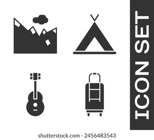 Set Koffer, Berge, Gitarre und Touristenzelt Ikone. Vektorgrafik