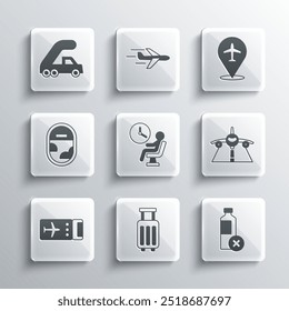 Set Suitcase, No water bottle, Plane, Human waiting in airport terminal, Airline ticket, Airplane window, Passenger ladder for boarding and  icon. Vector