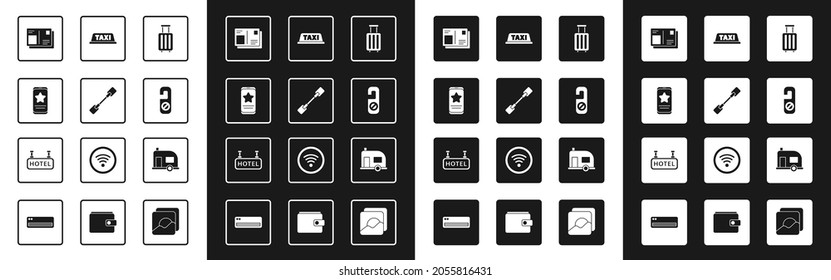Set Suitcase, Paddle, Mobile with review rating, Passport visa stamp, Please do not disturb, Taxi car roof, Rv Camping trailer and Signboard text Hotel icon. Vector