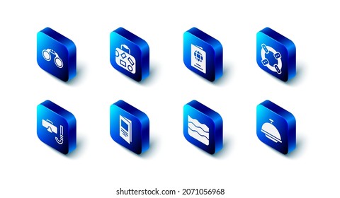 Set Suitcase, Passport, Lifebuoy, Covered with tray, Wave, Brochure, Diving mask and snorkel and Binoculars icon. Vector