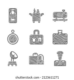 Set Suitcase, Pilot, Radar, Barometer, Fuel tanker truck and Mobile with ticket icon. Vector