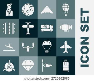 Conjunto de maleta, avión, dirigible, caza a reacción, pista de aterrizaje del aeropuerto, azafata e icono de camión cisterna de combustible. Vector