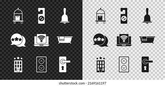 Set Suitcase, Please do not disturb, Hotel service bell, building, Lift, Door handle, Five stars rating review and Wireless laptop icon. Vector