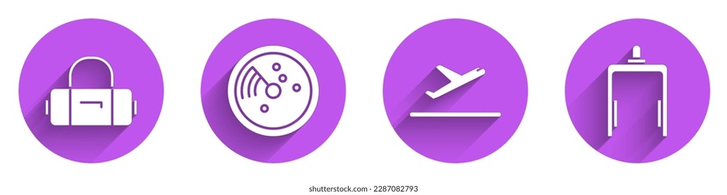 Set Suitcase, Radar with targets on monitor, Plane takeoff and Metal detector in airport icon with long shadow. Vector
