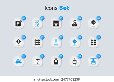 Set Suitcase, Railway, railroad track, Railroad crossing, Trolley suitcase, Cable car, Broken or cracked railway, Online ticket booking and Arrow for switching the icon. Vector