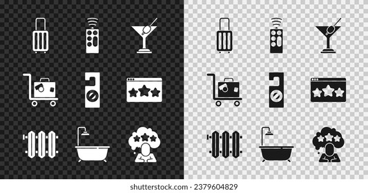 Set Suitcase, Remote control, Martini glass, Heating radiator, Bathtub with shower, Five stars rating review,  and Please do not disturb icon. Vector