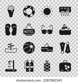 Set Suitcase, Rubber flippers for swimming, Cruise ship, Sun, Signboard with text Hotel, Flip flops, Ice cream waffle cone and Glasses icon. Vector