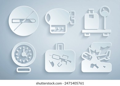 Set Suitcase, Scale with suitcase, Clock, Plane crash, Airship and No Smoking icon. Vector