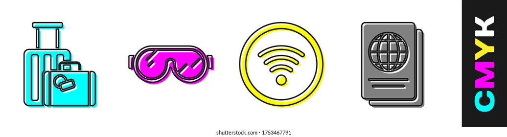 Set Suitcase, Ski goggles, Wi-Fi wireless internet network and Passport icon. Vector