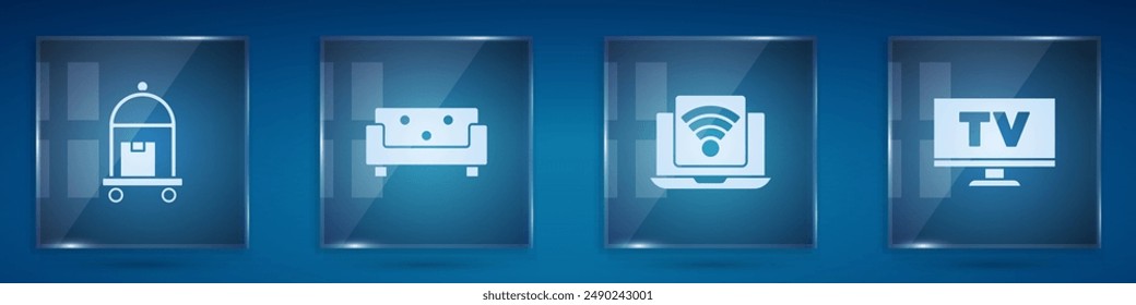 Set Suitcase, Sofa, Wireless laptop and Smart Tv. Square glass panels. Vector