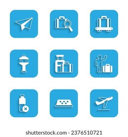 Set Suitcase, Taxi car roof, Plane takeoff, Tourist with suitcase, No water bottle, Airport control tower, Conveyor belt and Paper airplane icon. Vector
