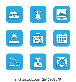 Set Suitcase, Tourist, Lifebuoy, Calendário, Caminho da linha do navio, Navio de cruzeiro e ícone. Vetor