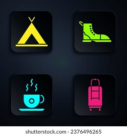 Set Suitcase, Tourist tent, Coffee cup and Hiking boot. Black square button. Vector