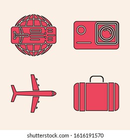 Set Suitcase for travel, Airline ticket, Action extreme camera and Plane icon. Vector