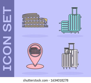Set Suitcase for travel, Coliseum in Rome, Italy, Map pointer with Coliseum in Rome, Italy and Suitcase for travel icon. Vector