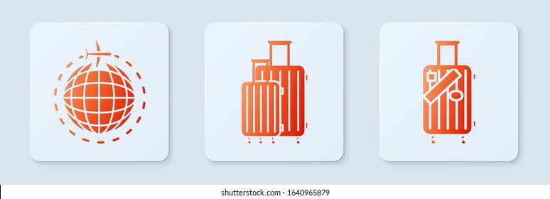 Set Suitcase for travel, Globe with flying plane and Suitcase for travel and stickers. White square button. Vector