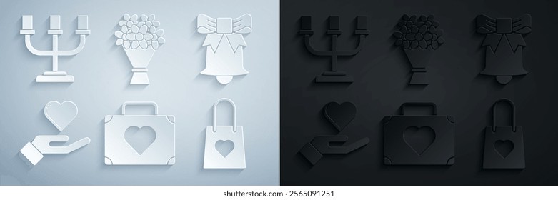 Set Suitcase for travel with heart, Ringing bell, Heart on hand, Shopping bag, Bouquet of flowers and Candlestick icon. Vector