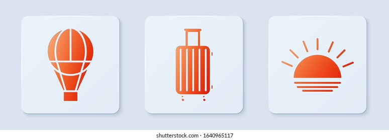 Set Suitcase for travel, Hot air balloon and Sunset. White square button. Vector