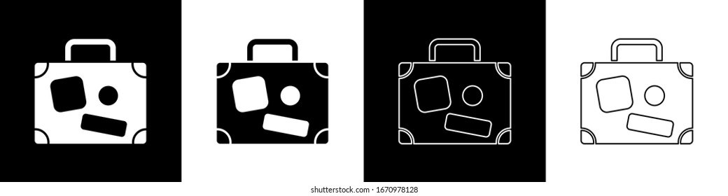 Set Suitcase for travel icon isolated on black and white background. Traveling baggage sign. Travel luggage icon.  Vector Illustration
