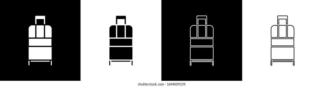 Set Suitcase for travel icon isolated on black and white background. Traveling baggage sign. Travel luggage icon.  Vector Illustration