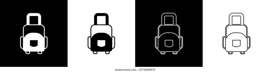 Set Suitcase for travel icon isolated on black and white background. Traveling baggage sign. Travel luggage icon.  Vector