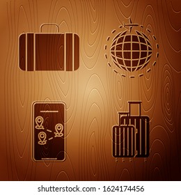 Set Suitcase for travel, Suitcase for travel, Infographic of city map navigation and Globe with flying plane on wooden background. Vector