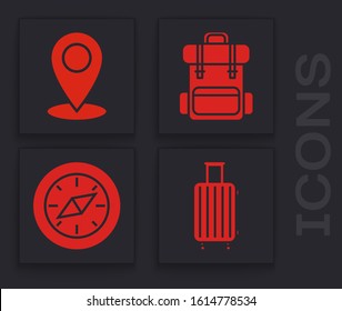 Set Suitcase for travel, Map pin, Hiking backpack and Compass icon. Vector