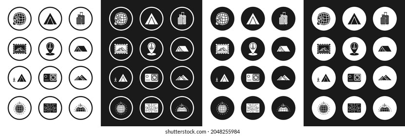 Set Suitcase for travel, Map pointer with Eiffel tower, Postal stamp and Egypt pyramids, Globe flying plane, Tourist tent,  and wood fire icon. Vector