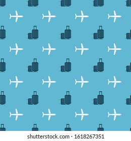 Set Suitcase for travel and Plane on seamless pattern. Vector