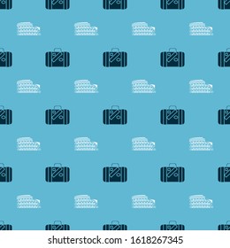 Set Suitcase for travel and stickers and Coliseum in Rome, Italy on seamless pattern. Vector