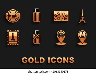 Set Suitcase for travel and stickers, Eiffel tower, Map pointer with, Coliseum Rome, Italy, Postal stamp, Passport pages visa stamps, Airline ticket and  icon. Vector