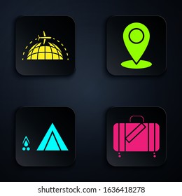 Set Suitcase for travel and stickers, Globe with flying plane, Tourist tent with wood fire and Map pin. Black square button. Vector