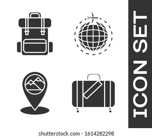 Set Suitcase for travel and stickers, Hiking backpack, Map pointer with mountain and Globe with flying plane icon. Vector
