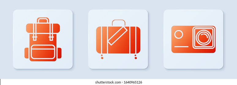 Set Suitcase for travel and stickers, Hiking backpack and Action extreme camera. White square button. Vector