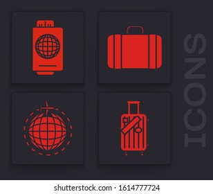 Set Suitcase for travel and stickers, Passport with ticket, Suitcase for travel and Globe with flying plane icon. Vector