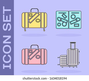 Set Suitcase for travel, Suitcase for travel and stickers, Suitcase for travel and stickers and Passport pages with visa stamps icon. Vector