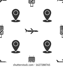 Set Suitcase for travel and stickers, Plane and Map pin on seamless pattern. Vector