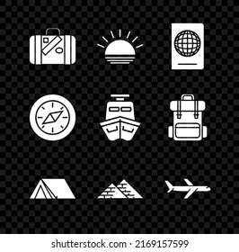 Set Suitcase for travel and stickers, Sunset, Passport with biometric data, Tourist tent, Egypt pyramids, Plane, Compass and Ship icon. Vector