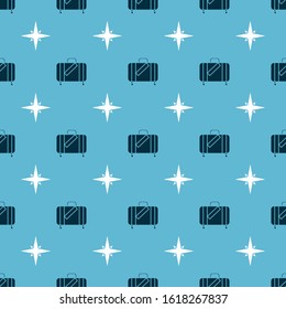 Set Suitcase for travel and stickers and Wind rose on seamless pattern. Vector