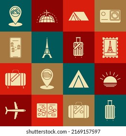 Set Suitcase for travel, Sunset, Postal stamp and Eiffel tower, Tourist tent, Infographic of city map navigation, Map pointer with Egypt pyramids and stickers icon. Vector