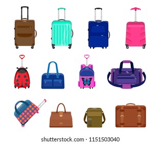 Set of suitcases, backpacks and bags. Vector collection of luggage isolated. Travel suitcases with wheels and without. Vintage suitcase, valise, bags, modern suitcases with a handle for trip.