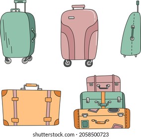 A set of suitcases and bags. The vector illustration is colored. For patterns, backgrounds, booklets, business cards, banners, gliders, stickers, design of social networks.