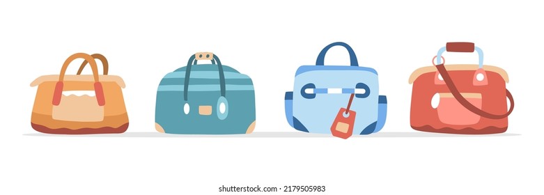 Set of suitcases for comfortable trip. Trendy luggage for stickers, web design, social media and advertisement. Tourism day. Hand drawn cartoon flat vector illustration